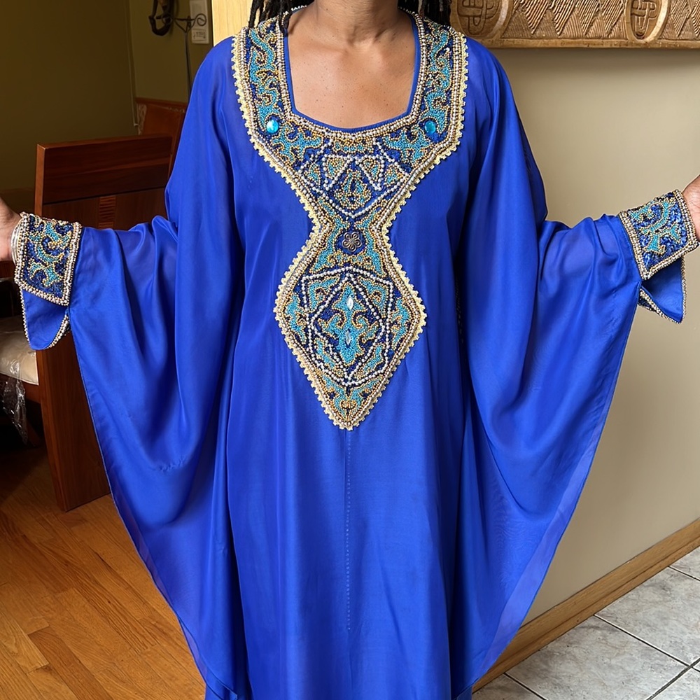 Sheer Kimono Abaya dress gold and royal blue beading size medium large